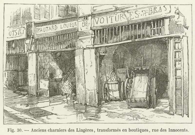 Oude knekelhuizen van de Lingeres, omgebouwd tot winkels, rue des Innocents door French School