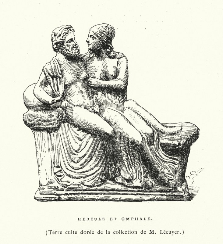 Oude Griekse terracotta sculptuur van Hercules en Omphale (gravure) door French School