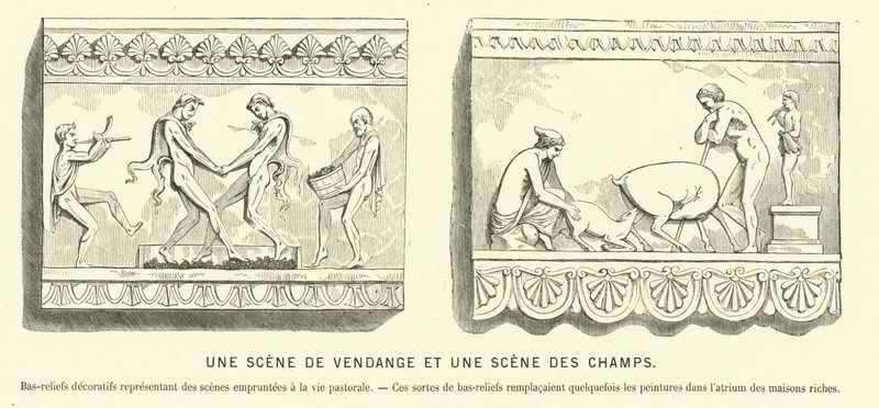 Oude Romeinse bas-reliëfs die een druivenoogst en een scène op de velden uitbeelden door French School