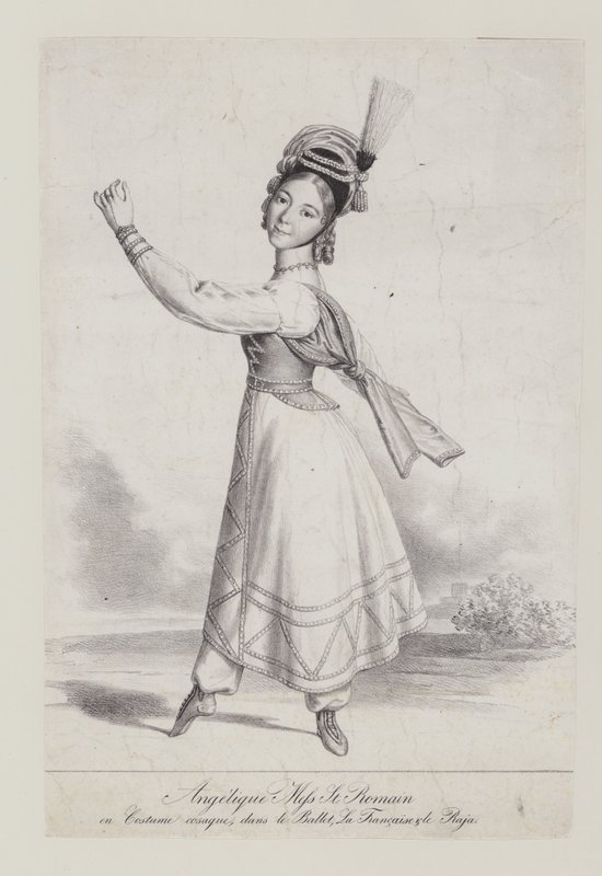 Angelique St Romain Mees in Kozakkenkostuum voor het ballet La Francaise et le Raja door French School