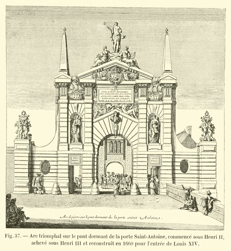 Triomfboog op de vaste brug van de poort Saint-Antoine, begonnen onder Hendrik II, voltooid onder Hendrik III en herbouwd in 1660 voor de intocht van Lodewijk XIV door French School