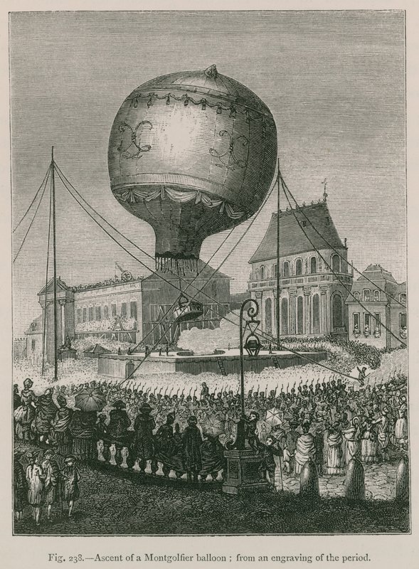 Opstijging van een Montgolfierballon (van een gravure uit de periode) door French School