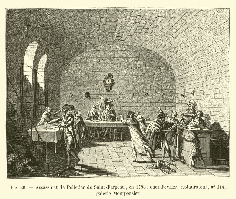 Moord op Pelletier de Saint-Fargeau, in 1793, bij Fevrier, restaurateur, nr. 114, Montpensier galerij door French School