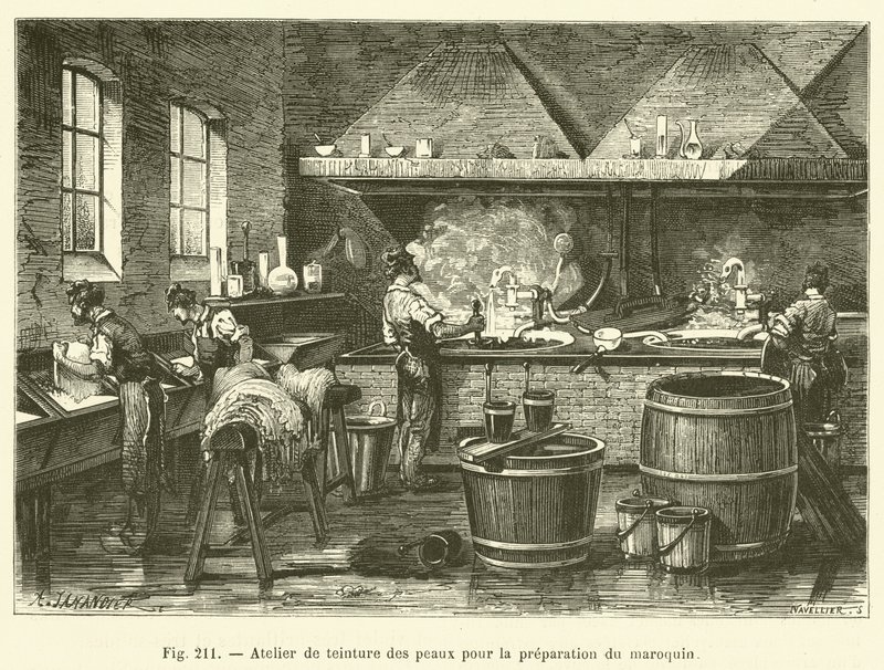 Werkplaats voor het verven van huiden voor de voorbereiding van marokijn door French School