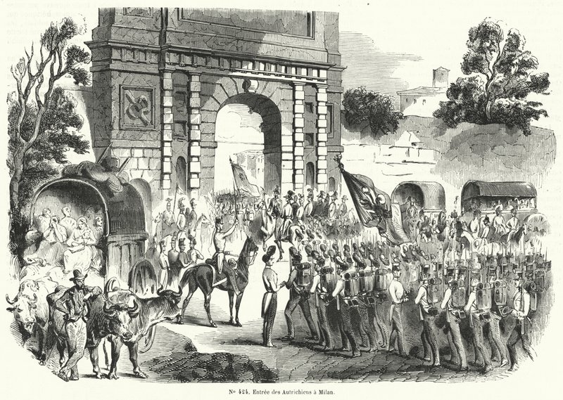 Oostenrijkse troepen betreden Milaan, Italië, 6 augustus 1848 (gravure) door French School