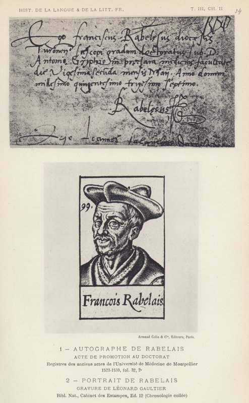 Handtekening van Rabelais, portret van Rabelais (litho) door French School