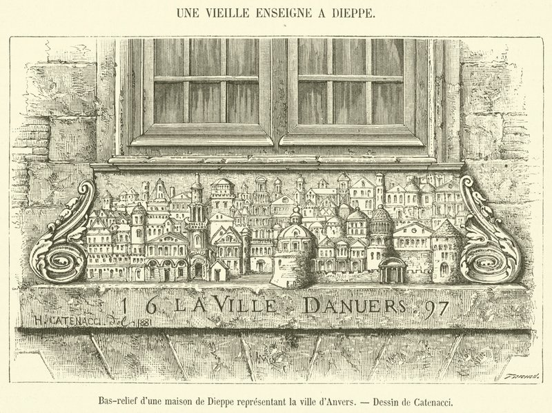 Bas-reliëf van een huis in Dieppe dat de stad Antwerpen voorstelt door French School