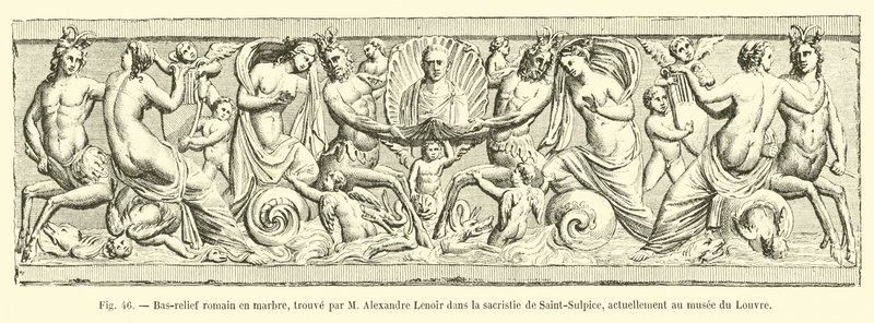Romeins marmeren bas-reliëf, gevonden door M. Alexandre Lenoir in de sacristie van Saint-Sulpice, momenteel in het Louvre door French School