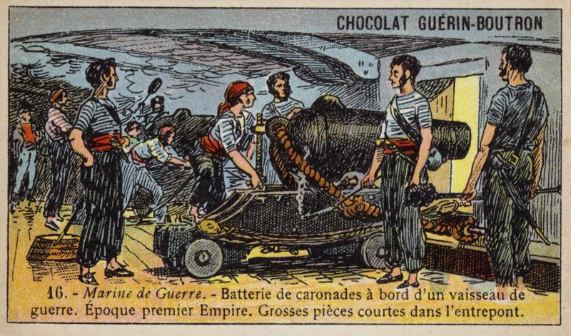 Batterij van carronades aan boord van een Frans oorlogsschip van het Eerste Keizerrijk, begin 19e eeuw door French School