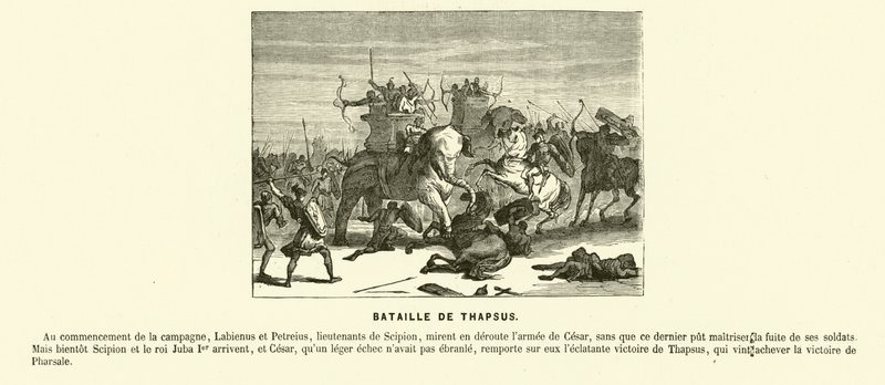 Slag bij Thapsus, Noord-Afrika, Caesars burgeroorlog, 46 v.Chr. (gravure) door French School