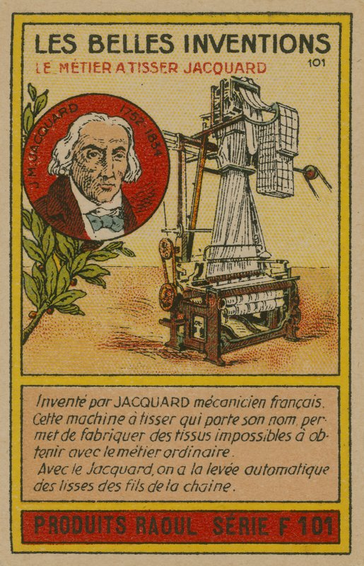 Mooie uitvindingen kaart, Jacquard weefgetouw door French School