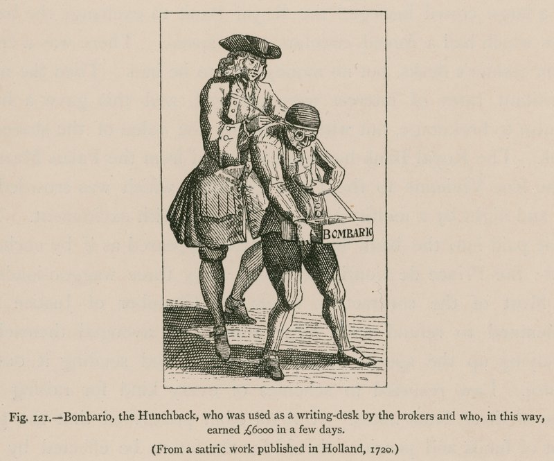 Bombario, de bultenaar, die als schrijftafel werd gebruikt door de makelaars en op deze manier £6000 verdiende in een paar dagen door French School