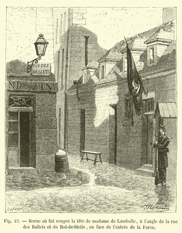 Plaats waar het hoofd van mevrouw de Lamballe werd afgehakt, op de hoek van de rue des Ballets en de Roi-de-Sicile, tegenover de ingang van de Force door French School