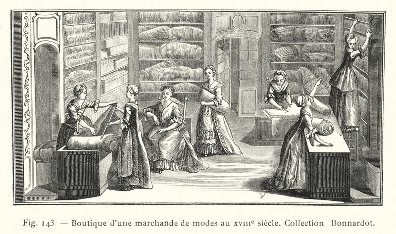 Winkel van een modehandelaar in de 18e eeuw, collectie Bonnardot door French School