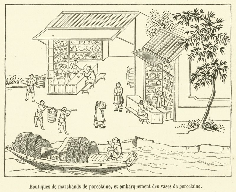 Winkels van porseleinhandelaren en het inschepen van porseleinen vazen (gravure) door French School
