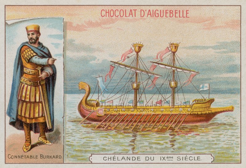 Burchard, militaire commandant van het bewind van Karel de Grote, en een 9e eeuws oorlogsschip door French School
