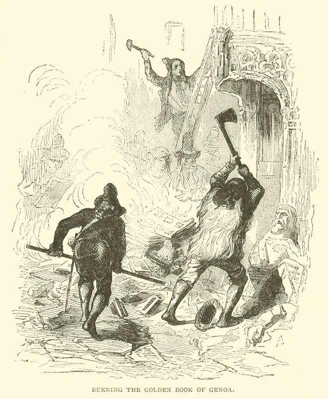Het verbranden van het Gouden Boek van Genua (gravure) door French School