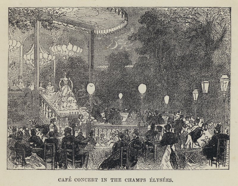 Caféconcert in de Champs Elysees (gravure) door French School