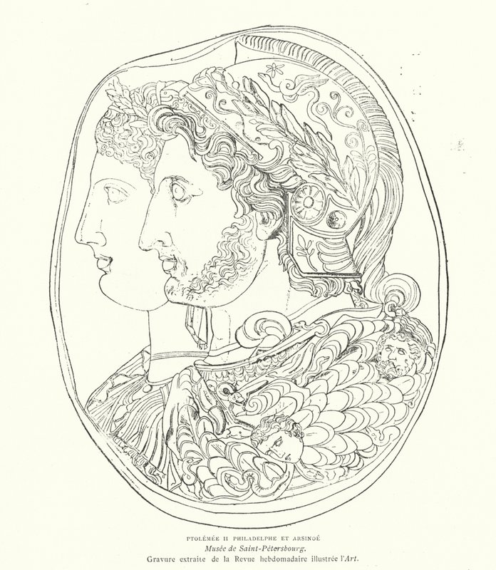 Camee van de oude Egyptische farao Ptolemaeus Philadelphus en zijn vrouw Arsinoë, 3e eeuw v.Chr. (gravure) door French School