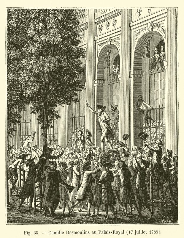 Camille Desmoulins in het Palais-Royal, 17 juli 1789 door French School