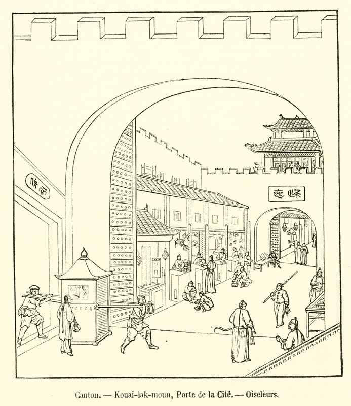 Canton, Kouai-lak-moun, Stadspoort, Vogelvangers (gravure) door French School