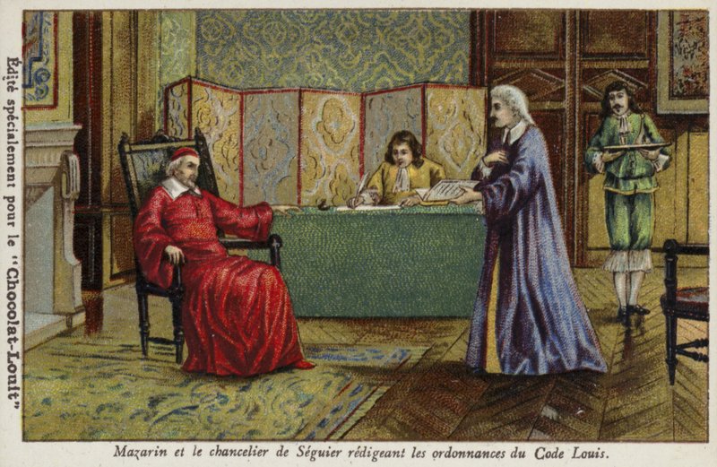 Kardinaal Mazarin en Kanselier Seguier stellen de verordeningen van de Code Louis op door French School