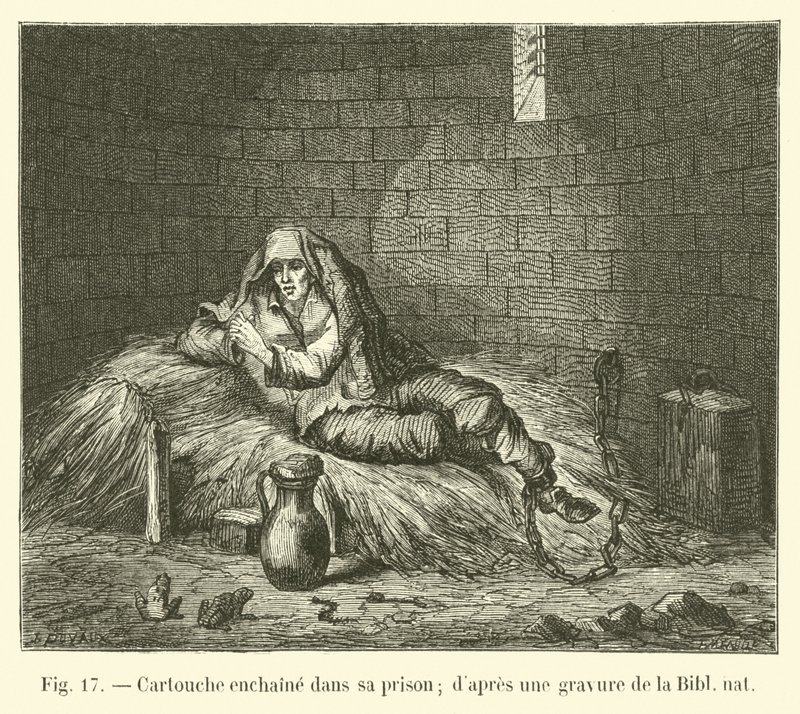 Cartouche geketend in zijn gevangenis; naar een gravure uit de nationale bibliotheek door French School