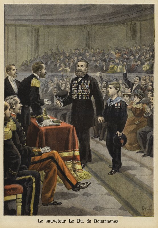 Ceremonie ter ere van de heer Le Du, een redder uit Douarnenez, Bretagne, 1897 door French School