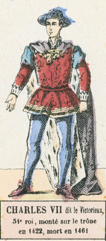 Karel VII genaamd de Overwinnaar, 54e koning, besteeg de troon in 1422, stierf in 1461 door French School