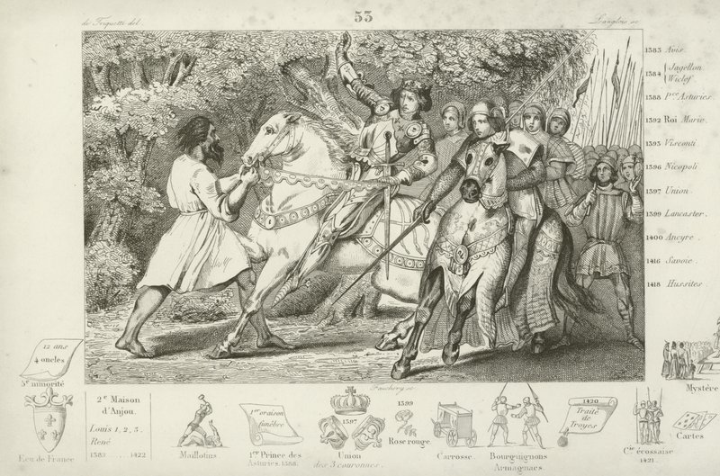 Karel VI van Frankrijk wordt gewaarschuwd voor een hinderlaag in het bos bij Angers, 1392 door French School