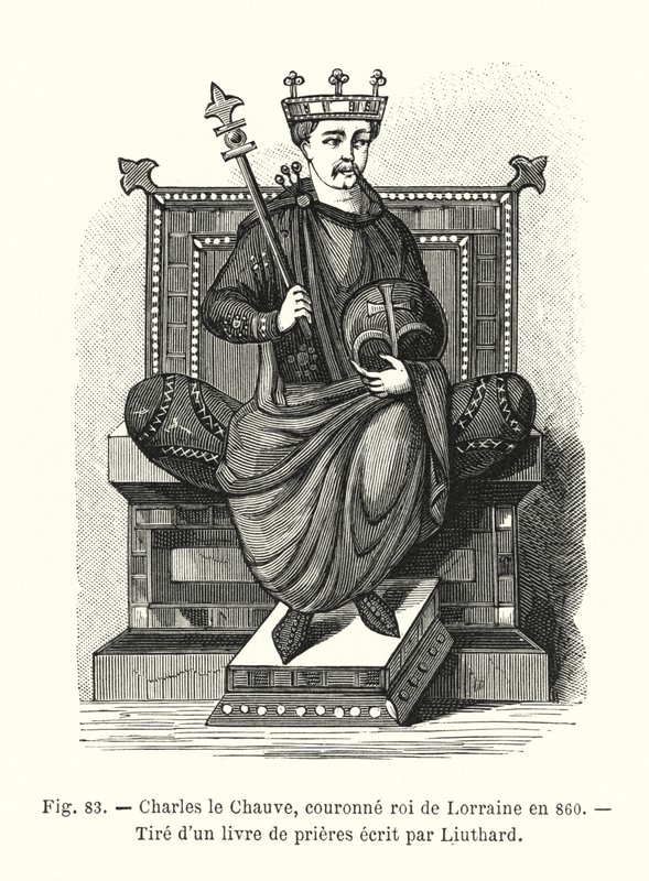 Karel de Kale, gekroond tot koning van Lotharingen in 860, uit een gebedenboek geschreven door Liuthard door French School