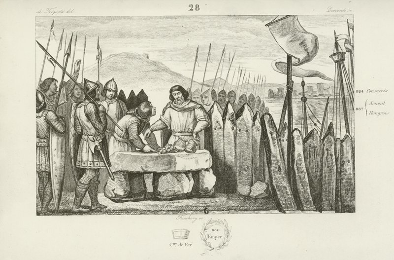 Karel de Dikke betaalt de Vikingen 700 zilverstukken om hun belegering van Parijs te staken, 886 door French School