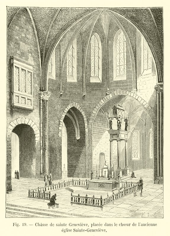 Reliekschrijn van Sainte Genevieve, geplaatst in het koor van de oude kerk Sainte-Genevieve door French School