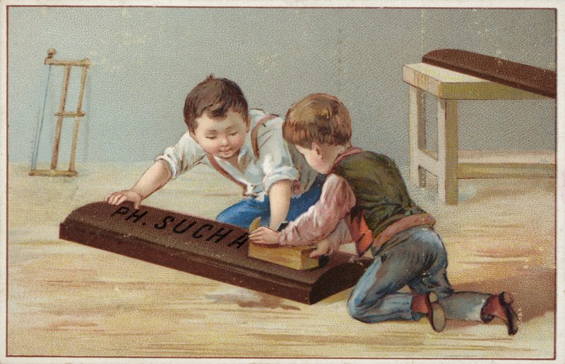 Kinderen bouwen een grote houten chocoladereep, reclame voor Suchard Chocolade door French School