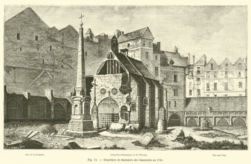 Begraafplaats en knekelhuizen van de Onschuldigen in 1785 door French School