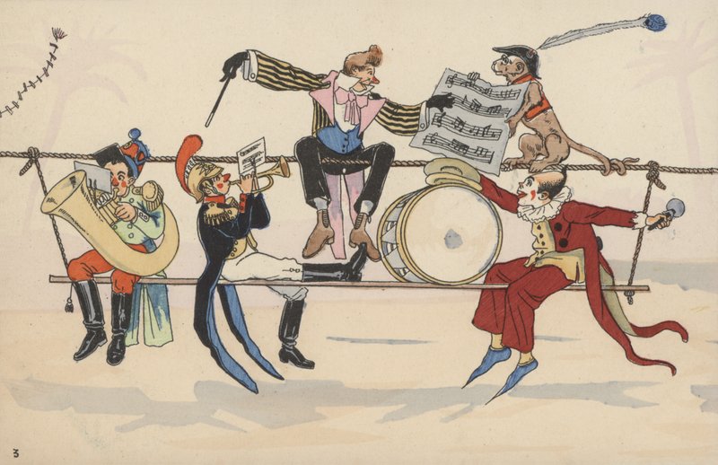 Circusscène, uit een set van onderling verbonden ansichtkaarten door French School