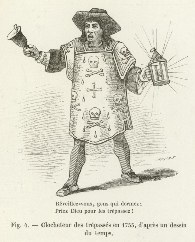 Klokkenluider van de overledenen in 1755, naar een tekening uit die tijd door French School