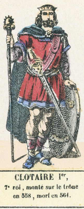 Clotaire I, 7e koning, besteeg de troon in 558, stierf in 561 (gekleurde gravure) door French School