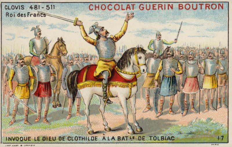 Clovis I roept de God van Clotilde aan bij de Slag om Tolbiac, 496 door French School