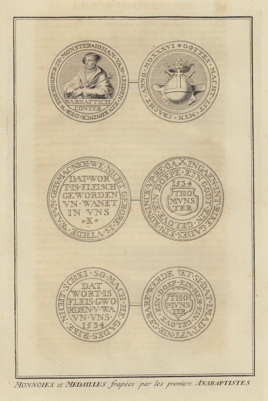 Munten en medailles geslagen door de eerste Anabaptisten (gravure) door French School