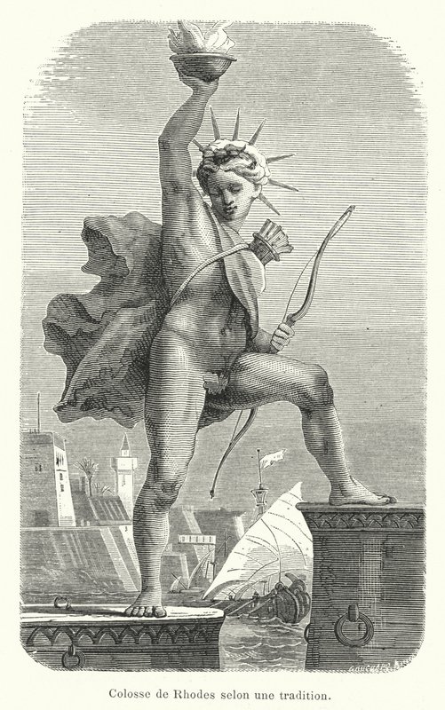 Kolossus van Rhodos volgens een traditie (gravure) door French School