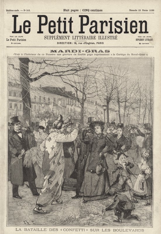 Confettigevecht op de boulevards van Parijs op Mardi Gras door French School