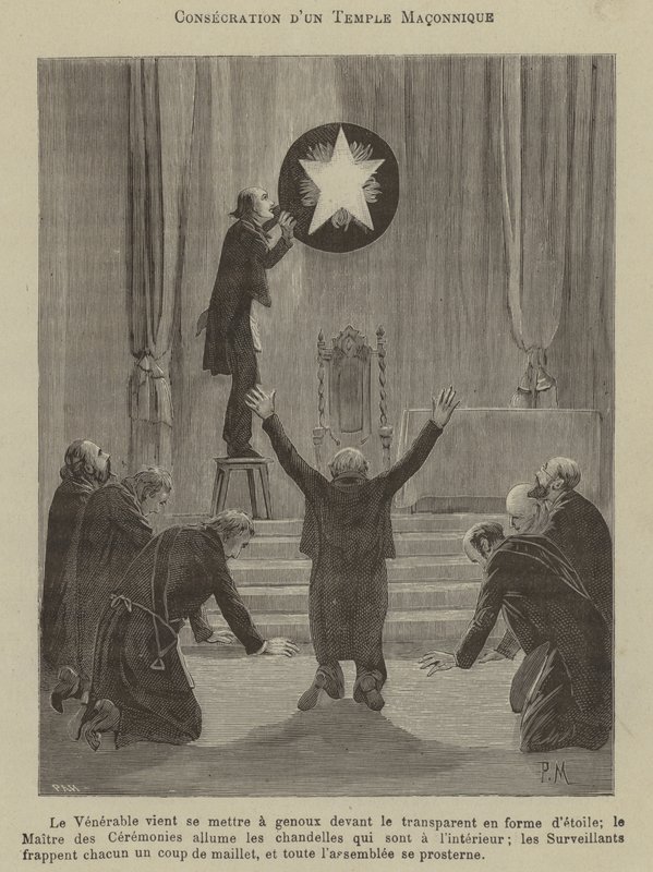 Inwijding van een Vrijmetselaarstempel (gravure) door French School