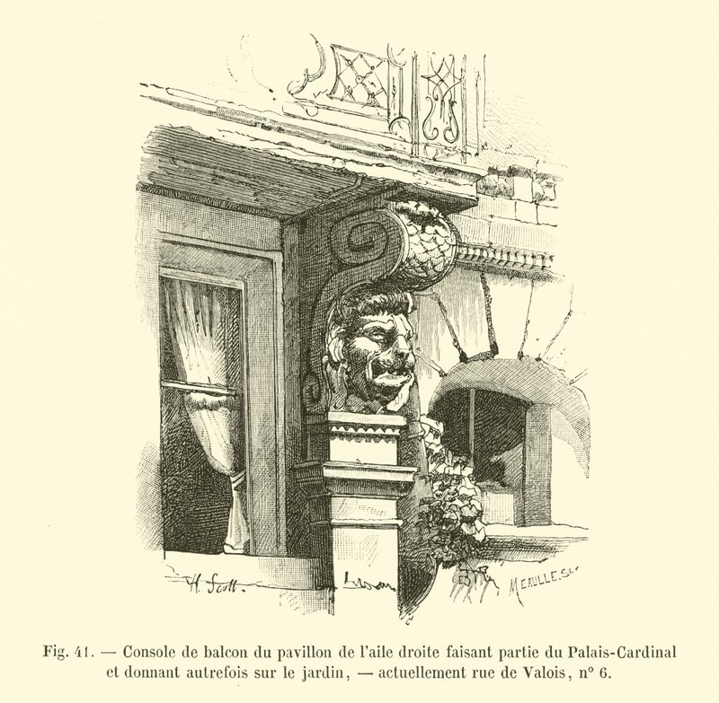 Balkonconsole van het paviljoen van de rechtervleugel, onderdeel van het Palais-Cardinal, vroeger uitkijkend op de tuin, nu rue de Valois, nr. 6 door French School