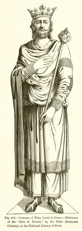 Kostuum van Koning Lodewijk de Jonge, Miniatuur van de Koningen van Frankrijk, door Du Tillet, Zestiende Eeuw, in de Nationale Bibliotheek van Parijs door French School