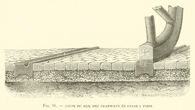 Spoorwegrails van de trams in gebruik in Parijs (gravure) door French School