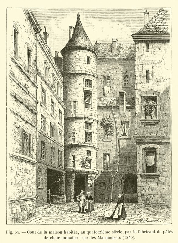 Binnenplaats van het huis bewoond in de veertiende eeuw door de fabrikant van menselijke vleeswaren, rue des Marmousets, 1850 door French School