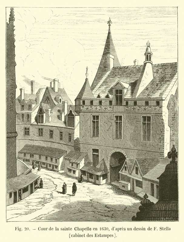 Binnenplaats van de Heilige Kapel in 1630, volgens een tekening van F. Stella, prentenkabinet door French School