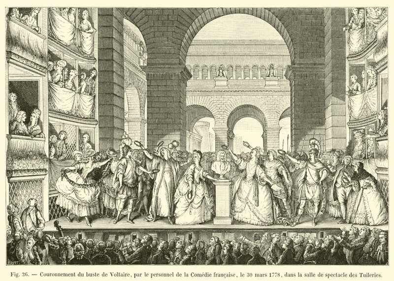 Kroning van de buste van Voltaire, door het personeel van de Comédie Française, op 30 maart 1778, in de theaterzaal van de Tuilerieën door French School