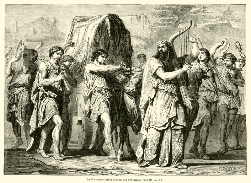 David brengt de ark van het huis van Abinadab (gravure) door French School